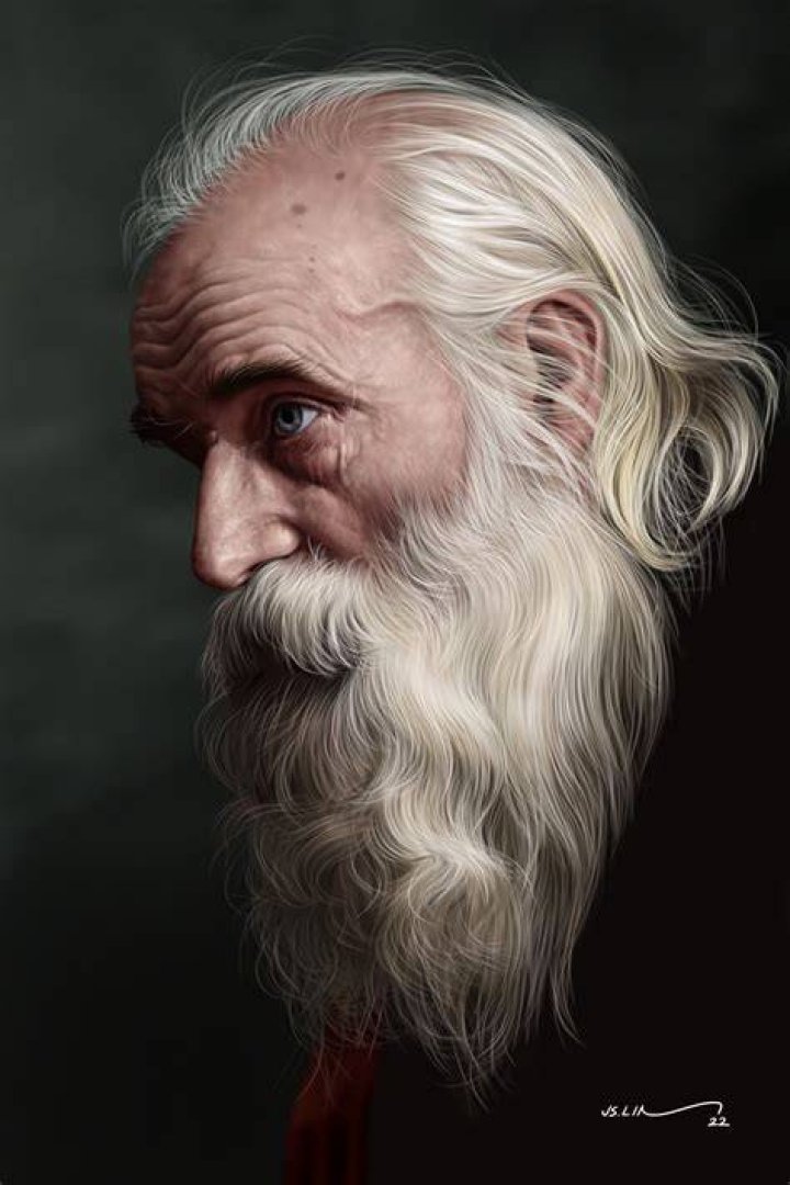 an old man with long blonde hair wearing a baseball cap in front of a