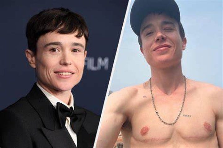 Elliot Page grins as he goes shirtless in swim trunks for first time